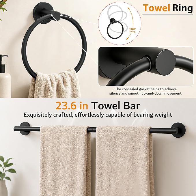 5 Piece Matte Black Bathroom Hardware Accessories Set, 24" Towel Bar Set | Bathroom Towel Rack Set with Wall Mounted SUS304 Stainless Steel , Double Post Toilet Paper Holder, Towel Ring & Robe Hooks