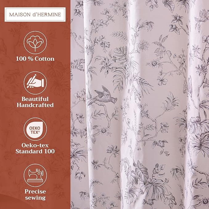 Maison d' Hermine Shower Curtain 100% Cotton One Panel 70"x72" Washable Fabric Shower Curtains for Bathroom, Easy Hanging with 12 Button Holes - Home Hotel Easter Gifts (Jouy Paradise - Grey)