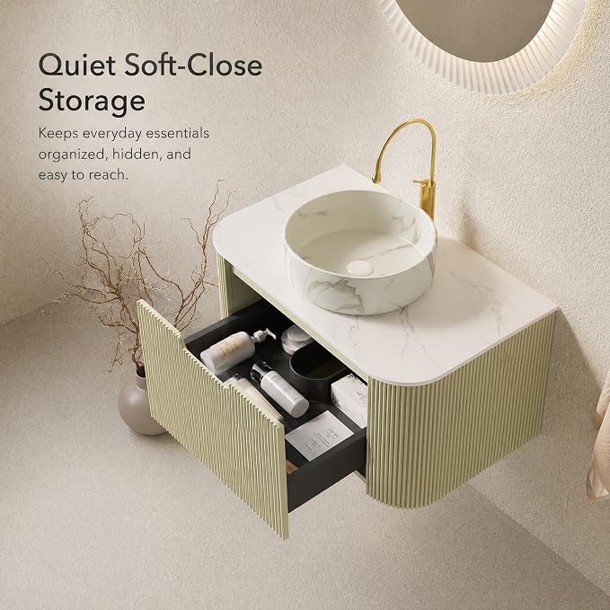 30 Inch Bathroom Vanity with Sink, Floating Wall Mounted Single Sink Vanity, Sage Green Curved Fluted Front, Stone Top, Marble-Look Round Vessel Basin, Pre-Assembled
