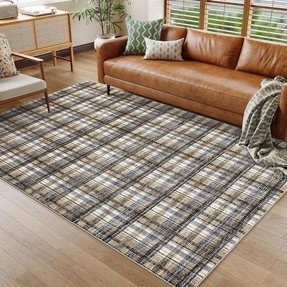 Washable Rug 9x12 Area Rug for Living Room Modern Bedroom Rug Large Area Rug Non Slip Throw Rugs Soft Low Pile Stain Resistant Carpet for Dining Room Department Dorm, 9'x12' Blue&Camel