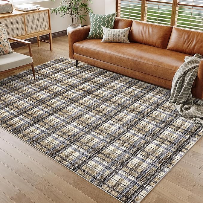 Washable Rug 6x9 Rugs for Living Room Modern Bedroom Rug Large Area Rug Non Slip Throw Rugs Soft Low Pile Stain Resistant Carpet for Classroom Dining Room 6'x9' Blue&Camel