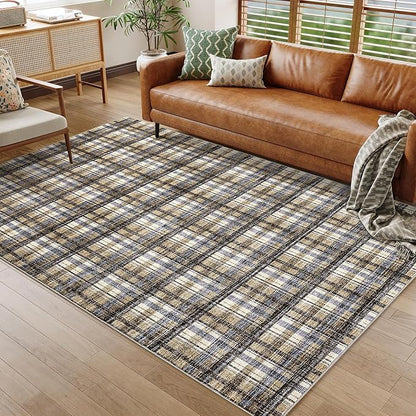 Washable Rug 6x9 Rugs for Living Room Modern Bedroom Rug Large Area Rug Non Slip Throw Rugs Soft Low Pile Stain Resistant Carpet for Classroom Dining Room 6'x9' Blue&Camel