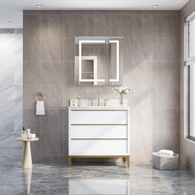 WELLFOR 30" X 30" Bathroom LED Medicine Cabinet with Mirror, Medicine Cabinet with Lights, Bathroom Mirror with Storage, Dimmer, Defogger, Outlets & USB Ports, Double Doors
