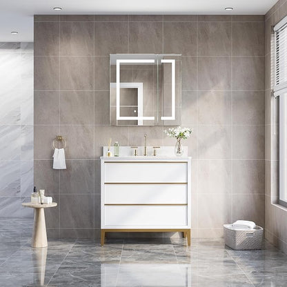 WELLFOR 30" X 30" Bathroom LED Medicine Cabinet with Mirror, Medicine Cabinet with Lights, Bathroom Mirror with Storage, Dimmer, Defogger, Outlets & USB Ports, Double Doors