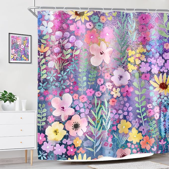 Purple Floral Boho Cute Wildflower Watercolor Bathroom Shower Curtain Set | 72"W x 72"H Leaves Botanical; waterproof HD print, quick-dry fabric with 12 hooks for easy hanging.