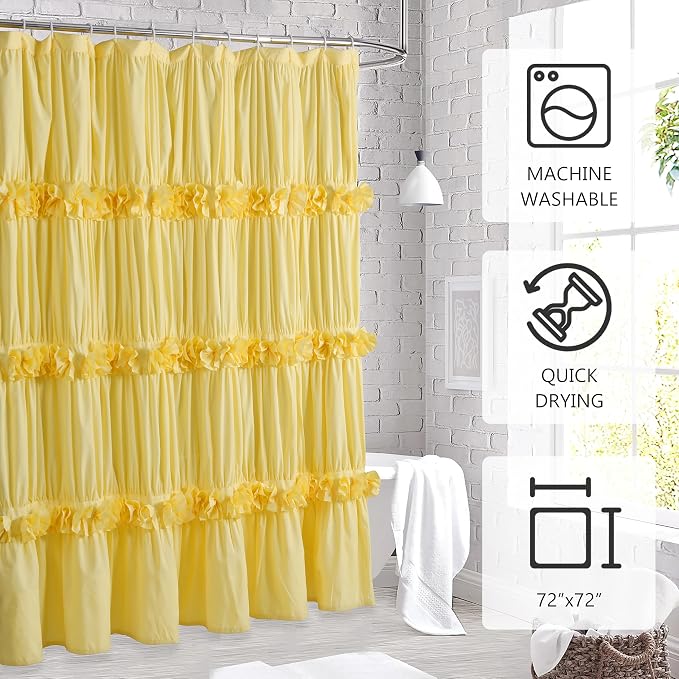 Homechoice Decor Bright Yellow Shower Curtain with 12 Buttonholes | Vintage Handcrafted Bow Tie Bath Curtain for Master Bathroom, Ruched Microfiber Bathroom Curtain, 72" W x 72" H (LQ-10)