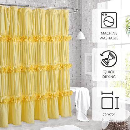 Homechoice Decor Bright Yellow Shower Curtain with 12 Buttonholes | Vintage Handcrafted Bow Tie Bath Curtain for Master Bathroom, Ruched Microfiber Bathroom Curtain, 72" W x 72" H (LQ-10)