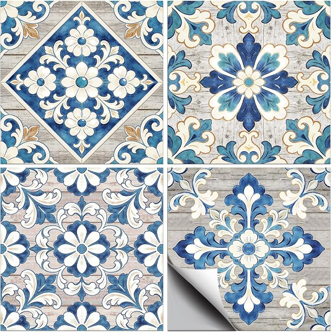 36pcs 4 Styles Blue-Gray Pattern Tile Stickers Retro Pattern Gray Wood Grain Waterproof PVC Tile Decals for Kitchen Bathroom 4x4 inch