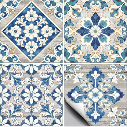 36pcs 4 Styles Blue-Gray Pattern Tile Stickers Retro Pattern Gray Wood Grain Waterproof PVC Tile Decals for Kitchen Bathroom 4x4 inch