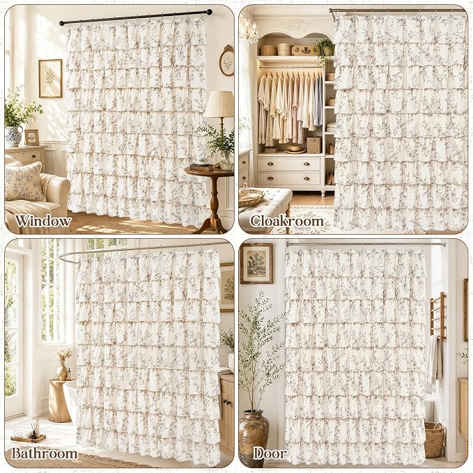 Yinhua Extra Long Farmhouse Ruffle Shower Curtain for Bathroom, 72" Wx84 L | Brown Floral Print, Ruflle Design, 12 Metal Hooks, Vintage Rustic Washable Waterproof Shower Curtain for Bathroom Bathtub