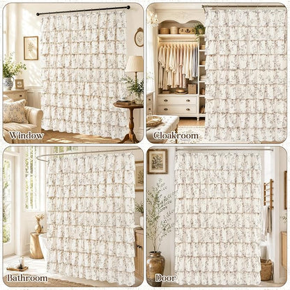 Yinhua Extra Long Farmhouse Ruffle Shower Curtain for Bathroom, 72" Wx90 L | Brown Floral Print, Ruflle Design, 12 Metal Hooks, Vintage Rustic Washable Waterproof Shower Curtain for Bathroom Bathtub