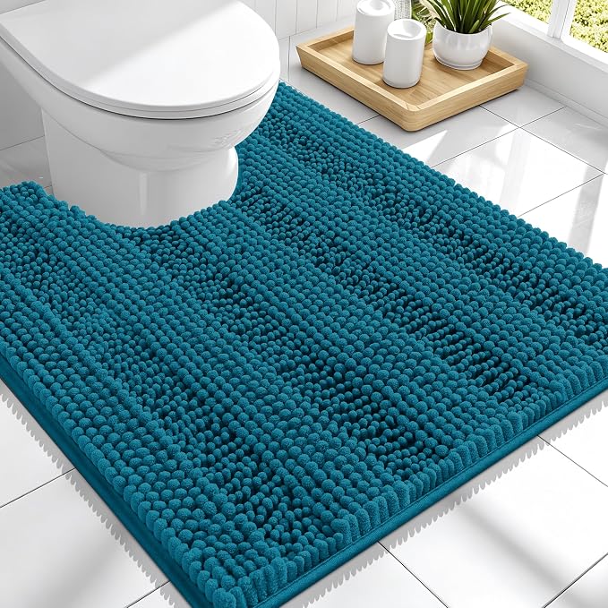 Smiry Thick Chenille Toilet Rugs U-Shaped 24x20, Bath Mat, Peacock Blue | Soft Absorbent Striped Contour Bathroom Rugs, Machine Washable, Dry Quickly, Non‑Slip, Modern Home Decor Accessories