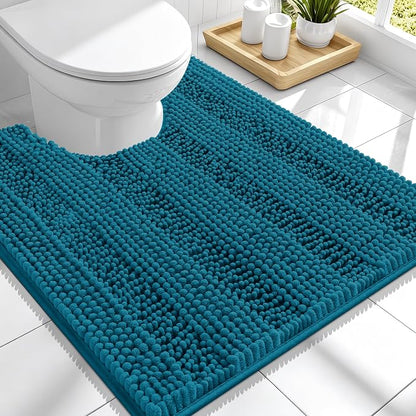 Smiry Thick Chenille Toilet Rugs U-Shaped 24x20, Bath Mat, Peacock Blue | Soft Absorbent Striped Contour Bathroom Rugs, Machine Washable, Dry Quickly, Non‑Slip, Modern Home Decor Accessories