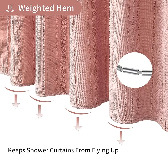 Pink Shower Curtain Boho, Cotton Blend Waffle Shower Curtain Textured, Fabric Shower Curtains for Bathroom, Washable 72 x 72