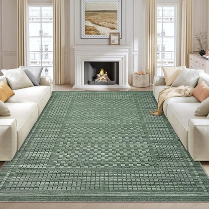 Washable Rug 9x12 Area Rug for Living Room Modern Bedroom Rug Checkered Green Plaid Large Area Rug Non Slip Throw Rugs Soft Low Pile Stain Resistant Carpet for Dining Room 9'x12' Green