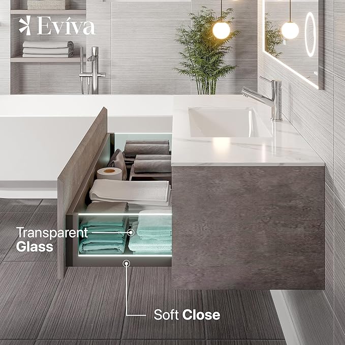 Eviva Aurora 48 in. Concrete Gray Wall Mount Single Sink Bath Vanity with Carrara Quartz Top