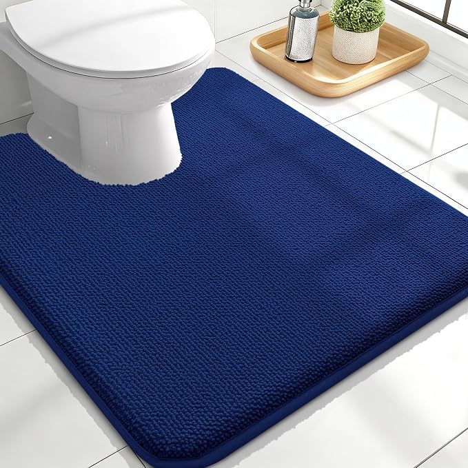 OLANLY Memory Foam Bathroom Toilet Rugs U-Shaped 24x20, Soft Bath Mat, Navy | Quick Dry Bath Rugs, Non-Slip, Machine Washable Absorbent Carpet for Bathroom Floor, Tub and Shower, Home Decor Accessories