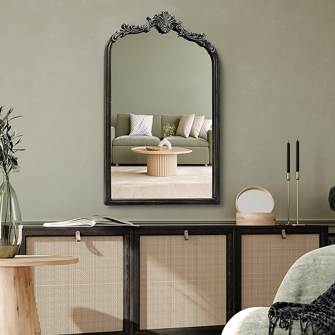 English Estate Carved Arch Wood Wall Mirror, Mirror for Entryway, Living Room, Bathroom, Distressed Black, 20.4x33