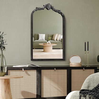 English Estate Carved Arch Wood Wall Mirror, Mirror for Entryway, Living Room, Bathroom, Distressed Black, 20.4x33