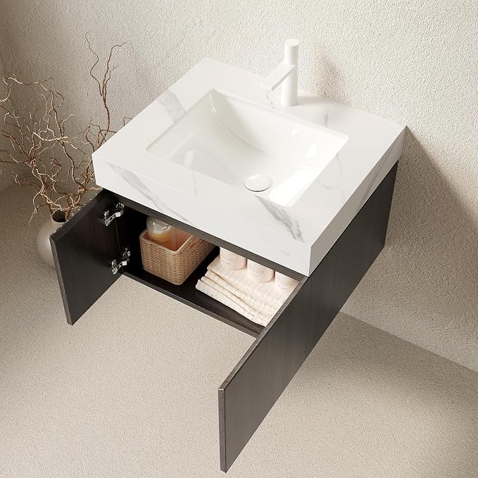 KEIKI 24 Inch Floating Bathroom Vanity with Sink, Espresso & White | Modern Wall Mounted Storage Cabinet with 2 Doors, Pre-assembled Wood Panels, Sintered Stone Top & Ceramic Basin Combo Set