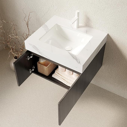 KEIKI 24 Inch Floating Bathroom Vanity with Sink, Espresso & White | Modern Wall Mounted Storage Cabinet with 2 Doors, Pre-assembled Wood Panels, Sintered Stone Top & Ceramic Basin Combo Set