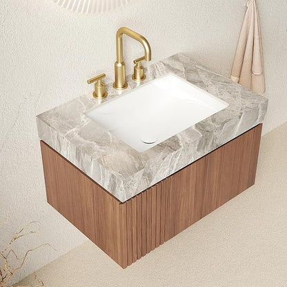 Ambrovina 30" Floating Bathroom Vanity with Sink, Modern Plywood Storage Cabinet with Drawer and Door, Light Gray Sintered Stone Countertop and 3 Pre-drilled Faucet Holes Ceramic Basin, Dark Oak