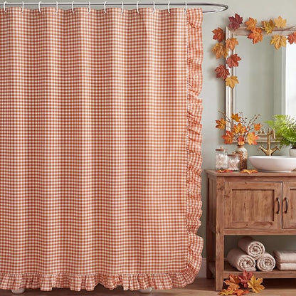 HunnmingRe Ruffled Gingham Shower Curtain Orange | 72'' x 72'' Vintage Farmhouse Curtain, Cotton Cottage Core Rural Checkered Plaid Decor, Fall Shower Curtain for Bathroom