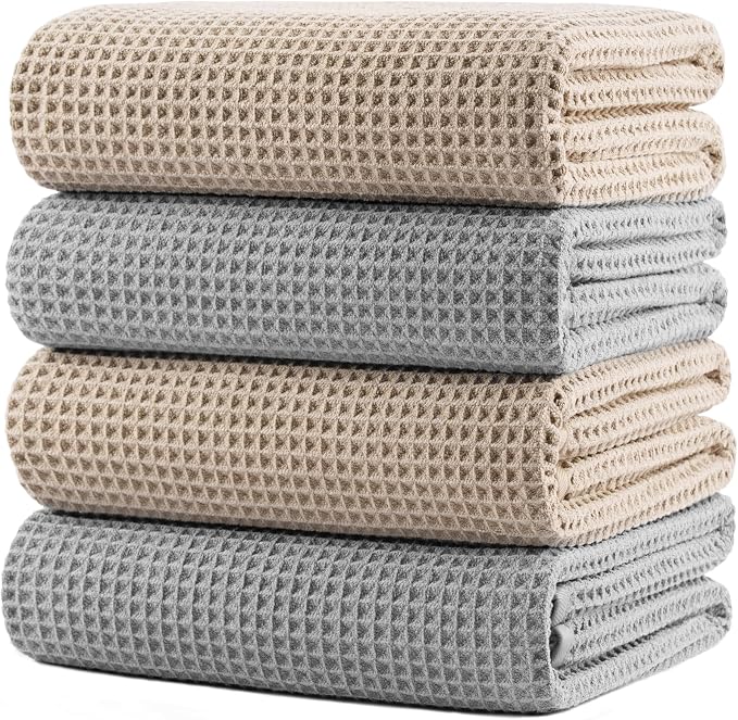 POLYTE 430 GSM Poly Blend Microfiber Quick Dry Waffle Bath Towel, 30x60 in | 4 Pack, Oversize, Lint Free, Body Towel