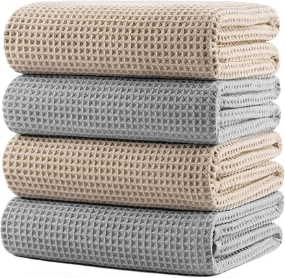 POLYTE 430 GSM Poly Blend Microfiber Quick Dry Waffle Bath Towel, 30x60 in | 4 Pack, Oversize, Lint Free, Body Towel