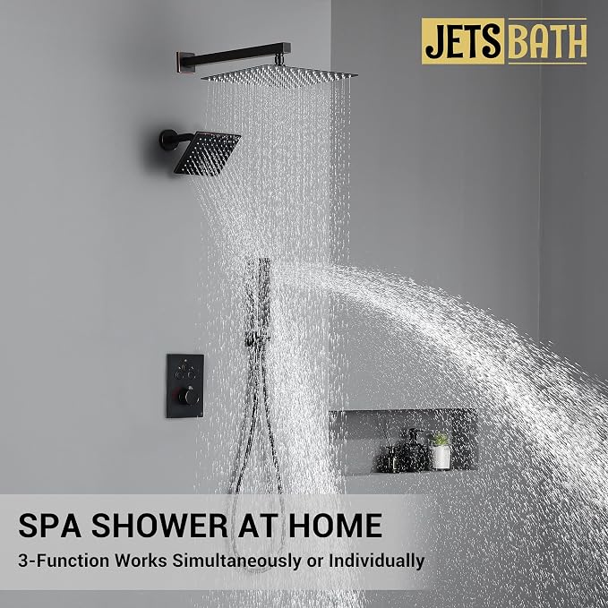 Thermostatic Dual Shower System, Shower Faucet(Oil Rubbed Bronze) | 12 Inch Shower Head, 6 Inch Wall Mount Head, High Pressure Handheld Sprayer, Push Button Valve