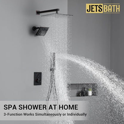 Thermostatic Dual Shower System, Shower Faucet(Oil Rubbed Bronze) | 12 Inch Shower Head, 6 Inch Wall Mount Head, High Pressure Handheld Sprayer, Push Button Valve