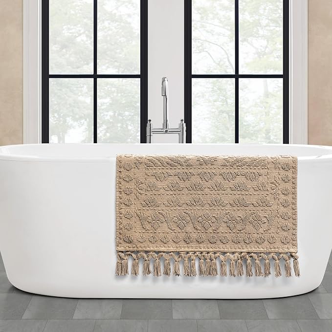 French Connection Nellore Bathroom Rugs, Woven and Beaded Bathroom Mats, Durable Bath Rugs, Thick Bath Mats for Bathroom and Shower Rugs, 26" x 49", Taupe