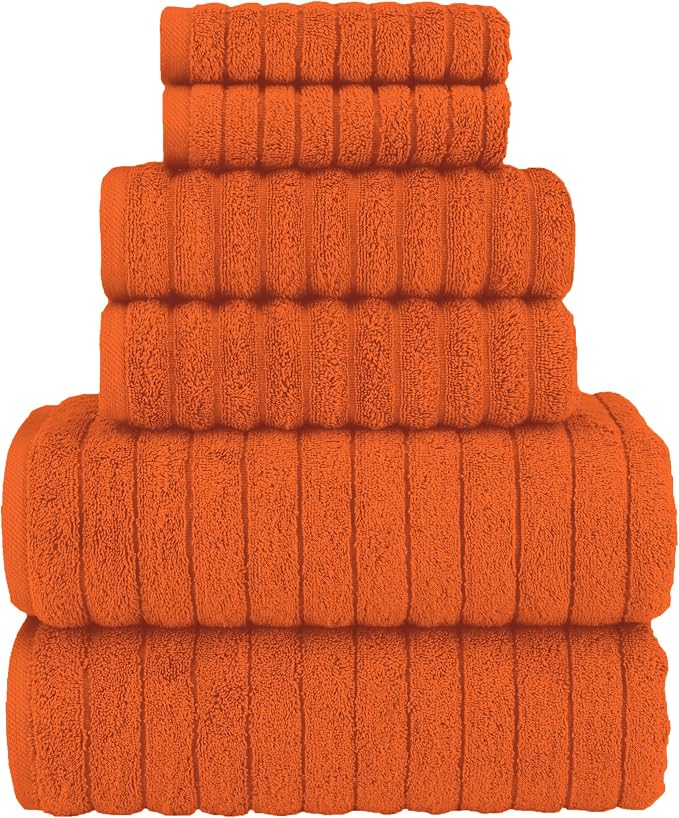 Elegant Comfort 100% Turkish Cotton Corduroy Ribbed Luxury Bath Towels 6-Piece Set, Premium Feel - Quick Dry, Highly Absorbent, Contains 2 Bath Towels, 2 Hand Towels, and 2 Washcloths, Orange