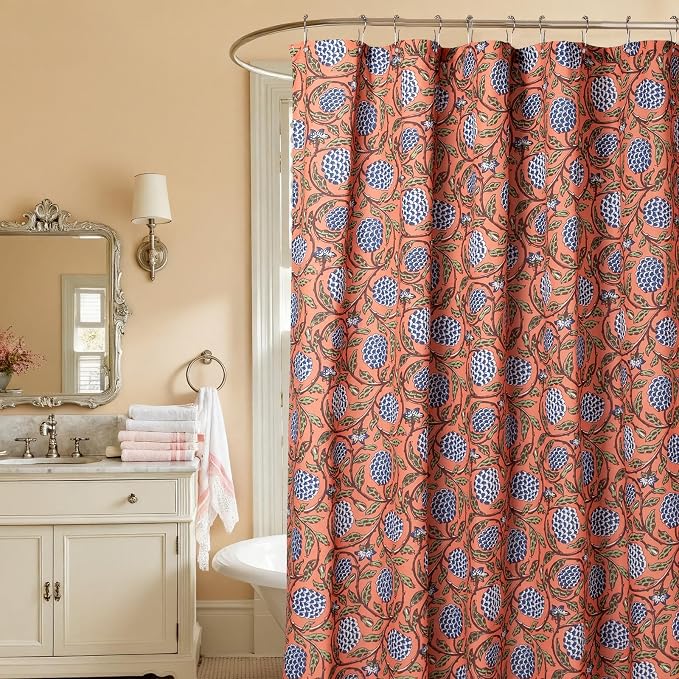 MUGINYU Boho Burnt Orange Floral Shower Curtain - 72x72 Inches,Cotton Blend Cloth Fabric, Botanical Coral Block Print Pattern for Rustic Farmhouse Frenchy Bathroom