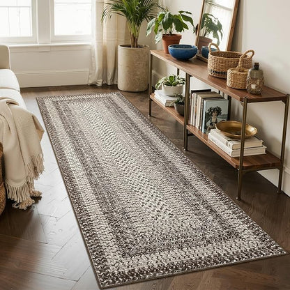 Imitation Braided Collection-Print 2x8 Runners for Hallway Non Slip Washable Kitchen Rugs, Farmhouse Rustic Bordered Area Rug Soft Low Pile Indoor Carpet Runners for Entryways, Living Room