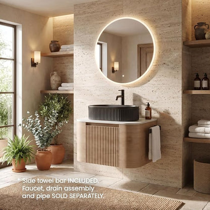 24" Preassembled Floating Bathroom Vanity with Black Sink, Oak | Mid-Century Modern Style, Fluted & Soft-Close Drawer with U-shaped Wall, Sinterted Stone Countertop, Towel Rack Included