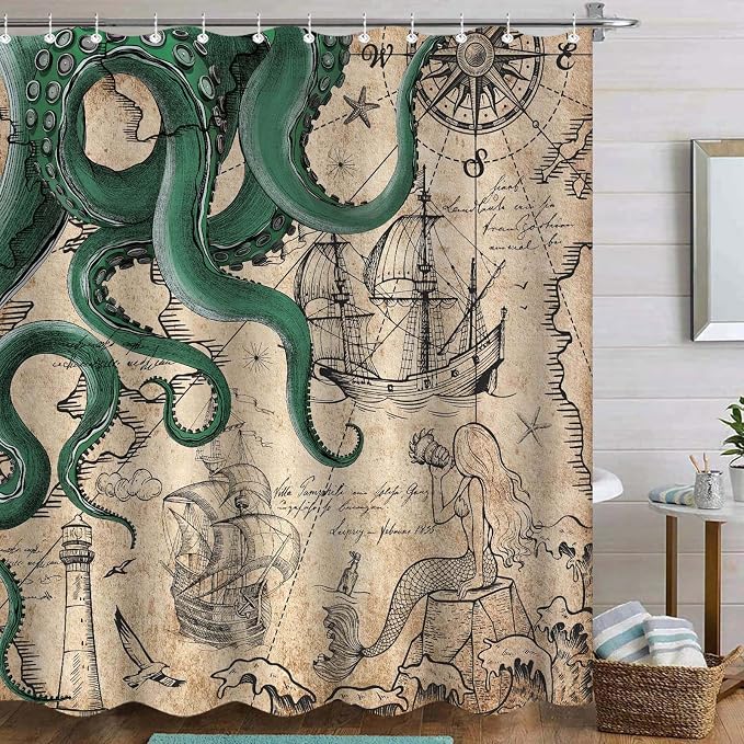Fungarth Long Vintage Green Nautical Octopus Shower Curtain Mermaid Funny Ocean Kraken Shower Curtains for Bathroom Cool Anchor Coastal Map Waterproof Fabric Bath Curtain Decor (Retro2, 72” x 78”)