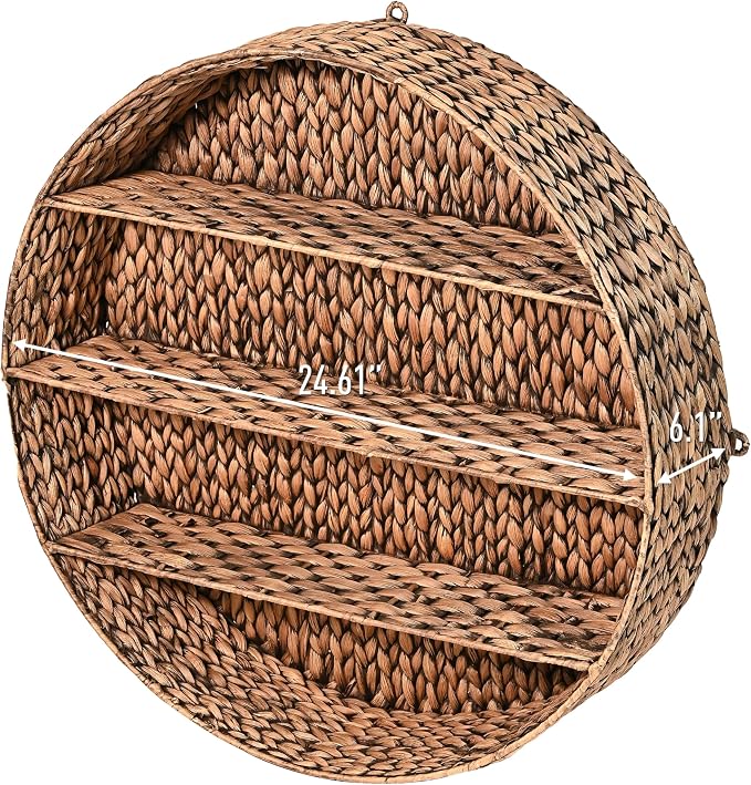 happimess Annulus 3-Shelf Circular Hyacinth Wall Rack 24.6", Brown | Bohemian Coastal Decor For Entryway Bathroom Bedroom Living Room, Iron Frame, 22 Pounds Weight Capacity, Handwoven Artisanal