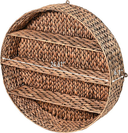 happimess Annulus 3-Shelf Circular Hyacinth Wall Rack 24.6", Brown | Bohemian Coastal Decor For Entryway Bathroom Bedroom Living Room, Iron Frame, 22 Pounds Weight Capacity, Handwoven Artisanal