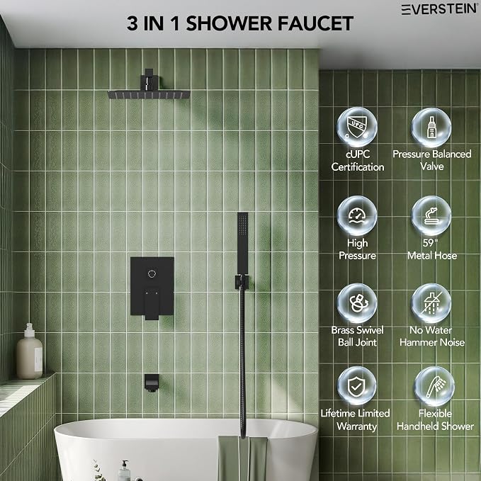 Shower Tub Faucet Set, 10" Bathroom Rainfall Shower Head Fixtures Combo with Handheld Spray and Tub Spout, Matte Black (Valve Included)