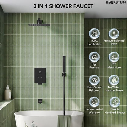 Shower Tub Faucet Set, 10" Bathroom Rainfall Shower Head Fixtures Combo with Handheld Spray and Tub Spout, Matte Black (Valve Included)