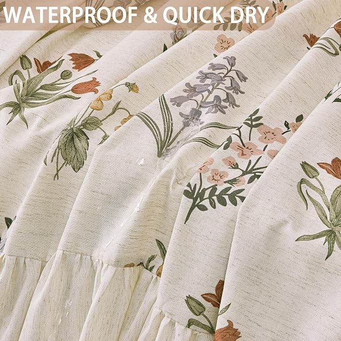 ORTIGIA Linen Textured Ruffle Shower Curtain with Metal Hooks, Vintage Boho Farmhouse Floral Linen Cottagecore Shower Curtain Bathroom Waterproof 72x72 Inch