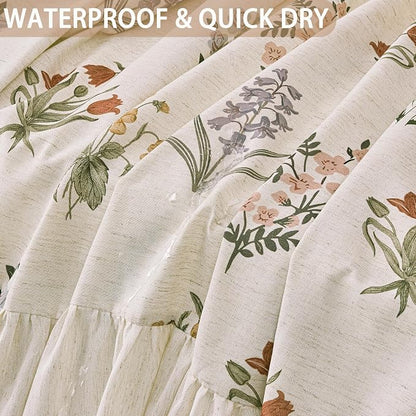 ORTIGIA Linen Textured Ruffle Shower Curtain with Metal Hooks, Vintage Boho Farmhouse Floral Linen Cottagecore Shower Curtain Bathroom Waterproof 72x72 Inch