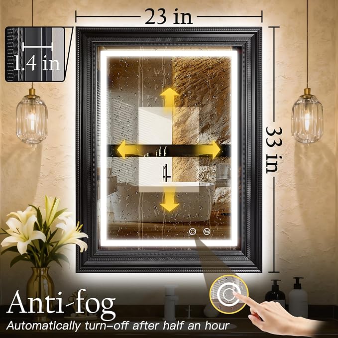 ROLOVE 24x35 Inch Antique Rectangle Wall Mirror with Lights, Ornate Waterproof Frame, Vintage Mirror for Over Sink with Anti-Fog, Plug-in/Hardwired, Shatterproof Glass, Baroque Mirror for Wall Decor