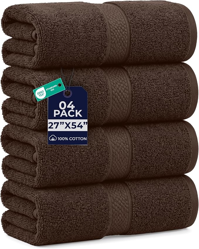 DAN RIVER 600 GSM Cotton Large Bath Towels Set of 4, 27 x 54 Inches, Brown | Larger & Lighter Weight Towels for Bathroom - Highly Absorbent & Quick Dry 100% Cotton Bath Towel Set for Home, Spa & Hotel