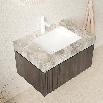 Ambrovina 30" Floating Bathroom Vanity with Sink, Modern Plywood Bathroom Storage Cabinet with Drawer and Door, Gray Sintered Stone Countertop and Ceramic Basin, Pre-Assembled, Espresso Woodgrain