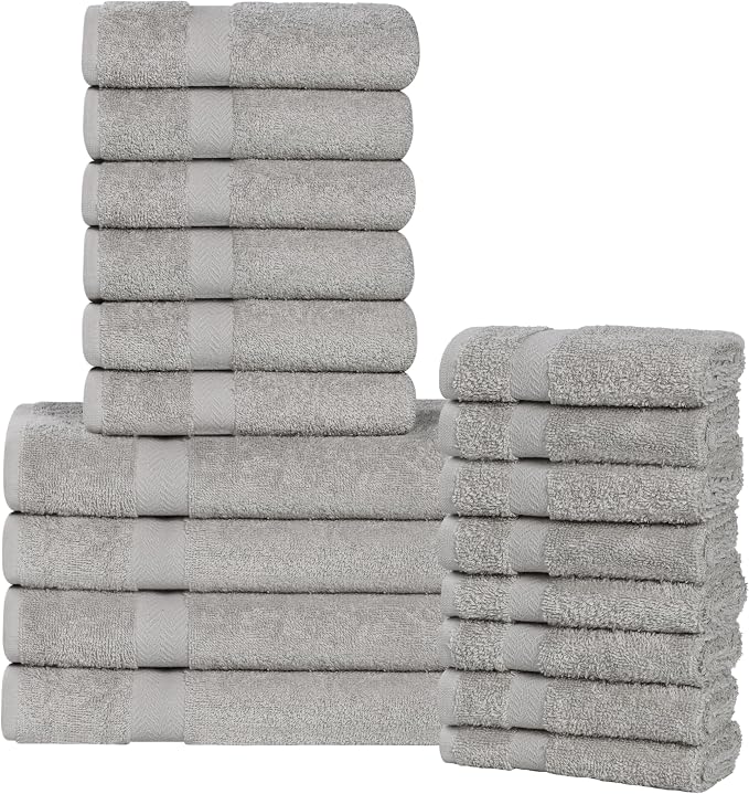 SUPERIOR 18-Piece Cotton Assorted Towel Set, Includes 8 Face Towel, 6 Hand, and 4 Bath Towels, Home, Bathroom, Guest Bath Essentials, Quick Dry, Absorbent, Franklin Collection - Silver