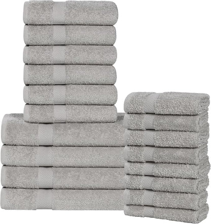 SUPERIOR 18-Piece Cotton Assorted Towel Set, Includes 8 Face Towel, 6 Hand, and 4 Bath Towels, Home, Bathroom, Guest Bath Essentials, Quick Dry, Absorbent, Franklin Collection - Silver