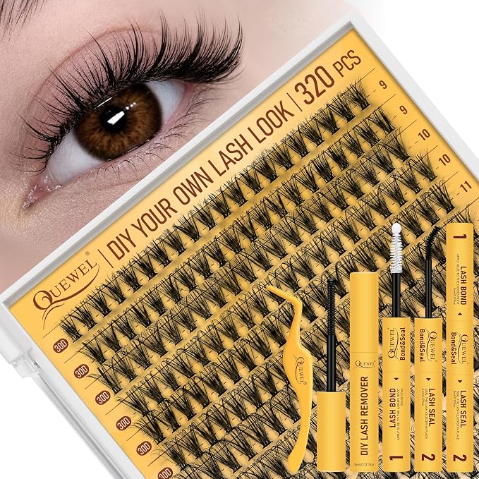 QUEWEL Lash Clusters Kit, 320 Pcs 30D Lash Cluster Eyelash Extensions | 9-16mm Lash Clusters Wispy Kit with Eyelash Clusters Bond and Seal Glue Remover Tweezers (30D Kit)