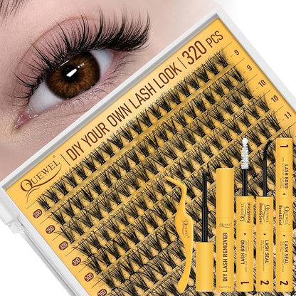 QUEWEL Lash Clusters Kit, 320 Pcs 30D Lash Cluster Eyelash Extensions | 9-16mm Lash Clusters Wispy Kit with Eyelash Clusters Bond and Seal Glue Remover Tweezers (30D Kit)